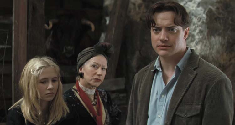 Inkheart 2008 Movie Scene Brendan Fraser as Mo, Eliza Bennett as Meggie and Helen Mirren as Elinor