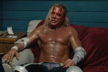 The Wrestler 2008 Movie Scene Mickey Rourke as Randy 'he Ram Robinson bloody after a fight sitting in backstage