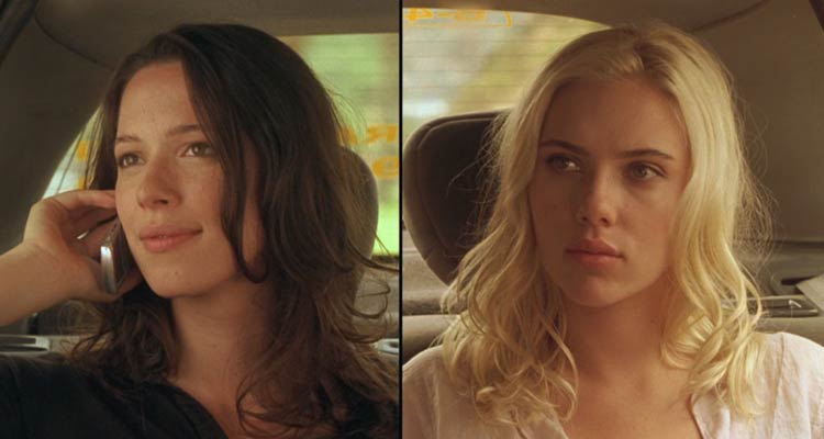 Vicky Cristina Barcelona 2008 Movie Scene Rebecca Hall as Vicky and Scarlett Johansson as Cristina in a car on their way to the airport