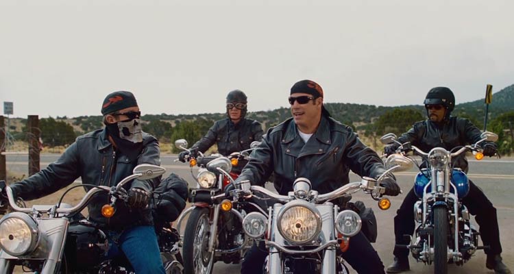 Wild Hogs 2007 Movie Scene Tim Allen as Doug, Martin Lawrence as Bobby, John Travolta as Woody and William H. Macy as Dudley arriving on their bikes at a real biker bar