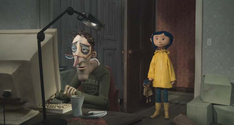 Coraline 2009 Movie Scene Young Coraline watching her father work on the computer all day