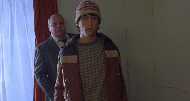 Mysterious Skin 2004 Movie Scene Joseph Gordon-Levitt as Neil, a male prostitute in front of his customer Richard Riehle as Charlie