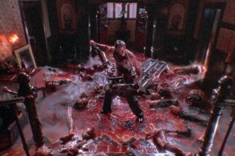 Dead Alive AKA Braindead 1992 Movie Scene Timothy Balme as Lionel standing in the middle of the bloodbath he made with his lawnmower