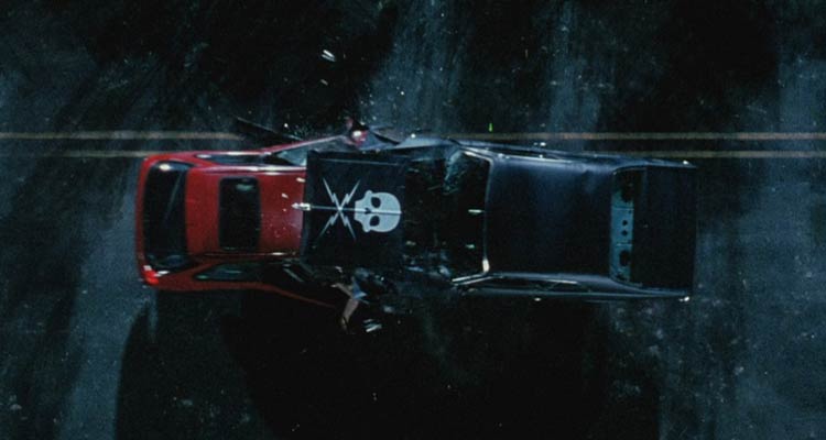 Death Proof 2007 Movie Scene A car crash between Stuntman Mike driving black 1971 Chevrolet Nova with a skull decal and the girls driving red Honda Civic