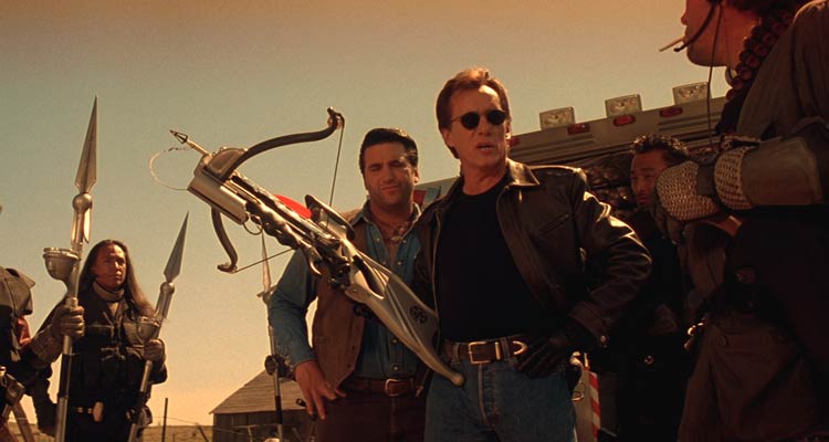 Vampires 1998 Movie Scene James Woods as Jack Crow holding a crossbow and talking to his team of vampire killers