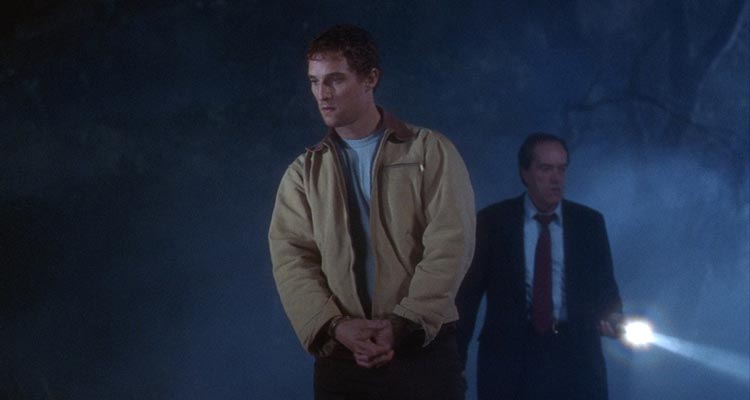 Frailty 2001 Movie Scene Matthew McConaughey as Adam Meiks leading Powers Boothe as FBI Agent Wesley Doyle to the site where the bodies are buried in the night