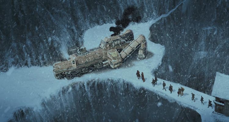 Mutant Chronicles 2008 Movie Scene Our group of heroes moving through the snow to the steampunk ship that's going to take them to the center of the Earth