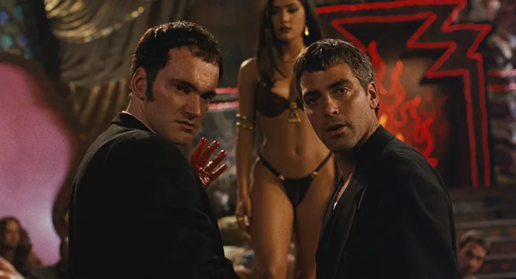 From Dusk Till Dawn 1996 Movie Scene George Clooney as Seth Gecko and Quentin Tarantino as Richard Gecko in a Titty Twister bar about to start a shootout