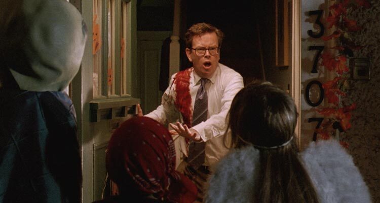 Trick r Treat 2007 Movie Scene Dylan Baker as Steven trying to calm down the kids at his door looking for candy after just killing one of them