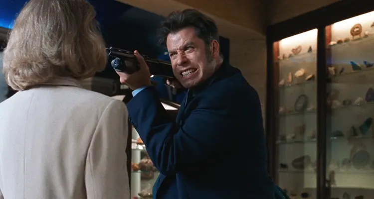 Mad City 1997 Movie Scene John Travolta as Sam holding a shotgun pointed to his former boss face