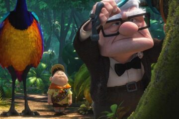 Up 2009 Movie Scene Karl tying down his house with Russel standing behind him with a giant exotic bird
