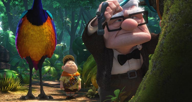 Up 2009 Movie Scene Karl tying down his house with Russel standing behind him with a giant exotic bird