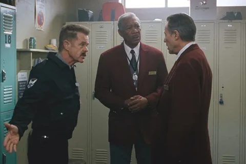 The Maiden Heist 2009 Movie Scene Christopher Walken as Roger, Morgan Freeman as Charles and William H. Macy as George arguing about the heist