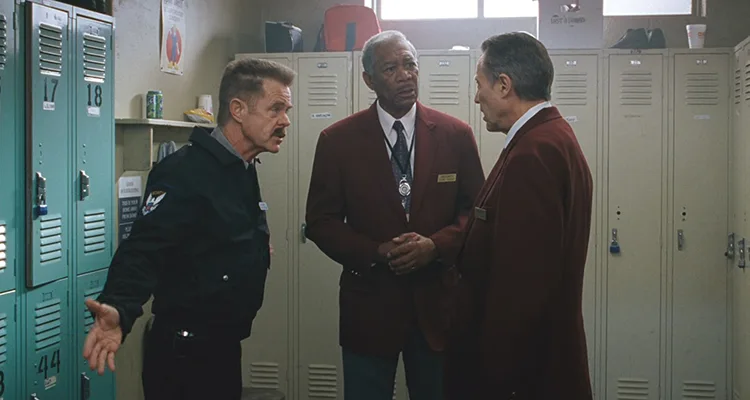 The Maiden Heist 2009 Movie Scene Christopher Walken as Roger, Morgan Freeman as Charles and William H. Macy as George arguing about the heist