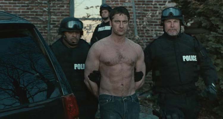 Law Abiding Citizen 2009 Movie Scene Gerard Butler as Clyde taken into custody shirtless showing off his muscles and abs