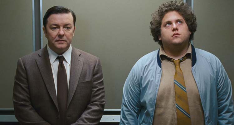 The Invention of Lying 2009 Movie Scene Ricky Gervais as Mark and Jonah Hill as Frank in an elevator