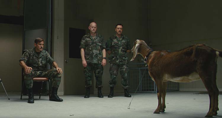 The Men Who Stare at Goats 2009 Movie Scene George Clooney as Lyn Cassady during a military experiment trying to kill a goat with his look loaded with psychic energy