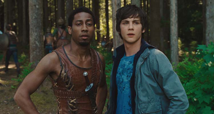 Percy Jackson the Olympians The Lightning Thief 2010 Movie Scene Logan Lerman as Percy Jackson and Brandon T. Jackson as Grover looking at centaurs running