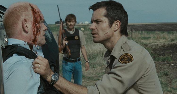 The Crazies 2010 Movie Scene Timothy Olyphant as David questioning Glenn Morshower as Intelligence Officer with Joe Anderson as Russell