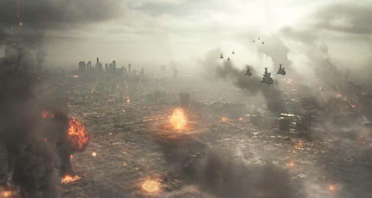 Battle Los Angeles 2011 Movie Scene Helicopters flying over Los Angeles devastated by the alien attack