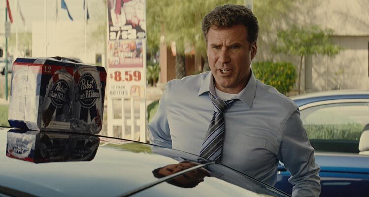 Everything Must Go 2010 Movie Scene Will Ferrell as Nick Halsey in front of a liquor store with a pack of Pabst beer on his car