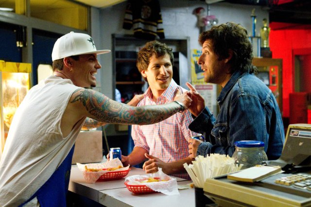 That's My Boy [2012] Movie Andy Samberg, Adam Sandler and Vanilla Ice eating dinner late