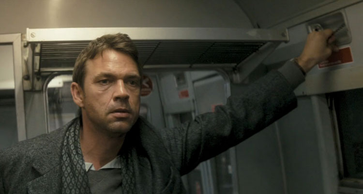 Last Passenger 2013 Movie Scene Dougray Scott as Lewis Shaler trying to stop the train by pulling an emergency cord