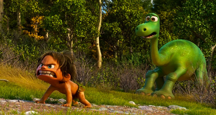 The Good Dinosaur 2015 Movie Arlo and Spot growling at a band of dangerous dinosaurs