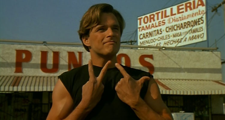 Blood In Blood Out 1993 Movie Scene Damian Chapa as Miklo showing the Vatos Locos gang sign with his hands