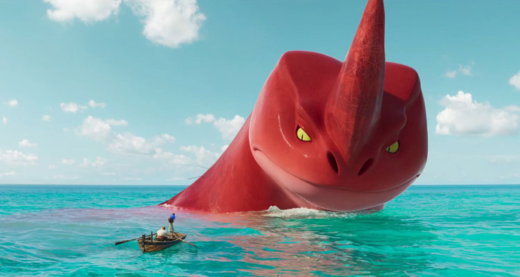 The Sea Beast Movie 2022 Scene Red Bluster helping Maisie and Jacob sail their little boat