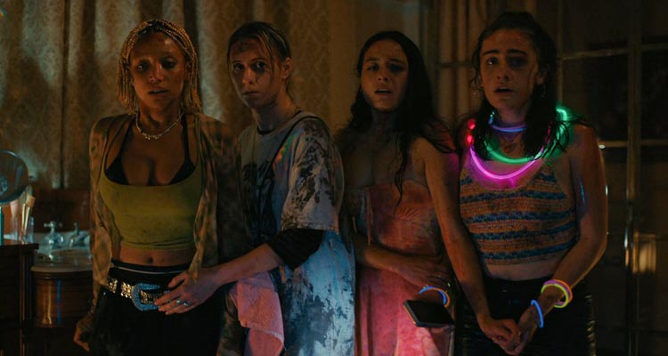 Bodies Bodies Bodies 2022 Movie Scene Amandla Stenberg as Sophie, Maria Bakalova as Bee, Chase Sui Wonders as Emma and Rachel Sennott as Alice afraid in the house