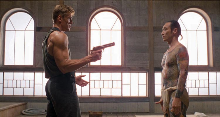 Showdown In Little Tokyo 1991 Movie Scene Dolph Lundgren as Sgt. Chris Kenner holding his Desert Eagle and Cary-Hiroyuki Tagawa as Yoshida opposite of him with Yakuza tattoos all over his body