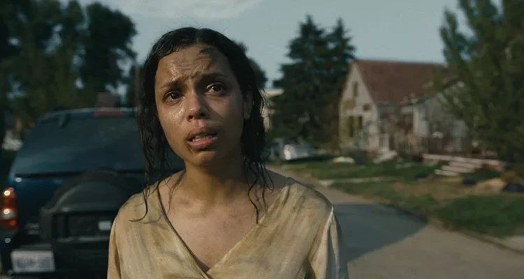 Barbarian 2022 Movie Scene Georgina Campbell as Tess all beaten after she escaped from the house
