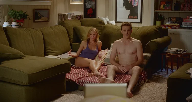 Sex Tape 2014 Movie Scene Cameron Diaz as Annie and Jason Segel as Jay in their underwear about to make a home porno movie