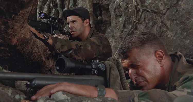 Sniper 1993 Movie Scene Tom Berenger as Thomas Beckett looking through the scope of his M40 sniper rifle and Billy Zane as Richard Miller doing the same