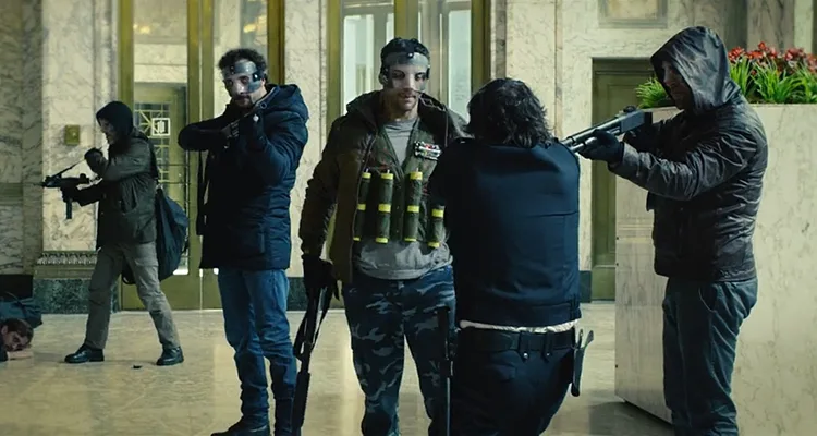 To Steal From A Thief 2016 Movie Scene Bank robbers showing their explosive vests to the security guard at the bank