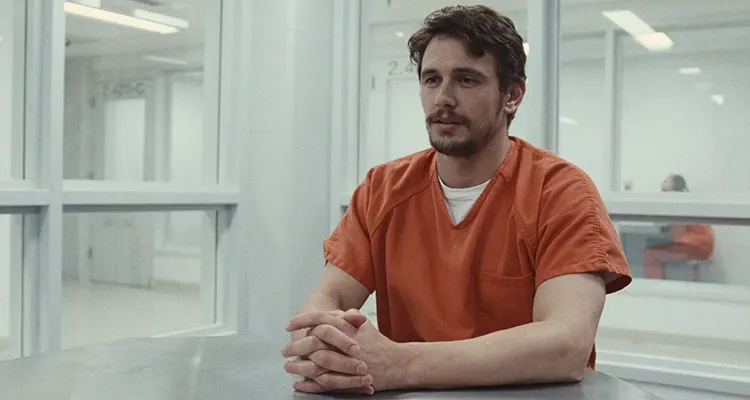 True Story 2015 Movie Scene James Franco as Christian Longo inside prison wearing an orange suit