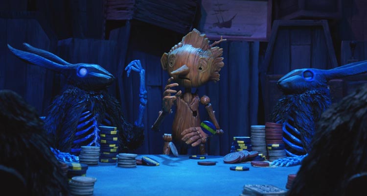 Guillermo del Toros Pinocchio 2022 Movie Scene Pinocchio playing poker with black rabbits in the underworld