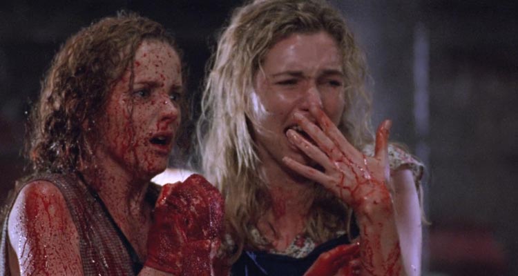 The Mangler 1995 Movie Scene Two bloody workers after a pressing machine crushed their coworker and friend to death