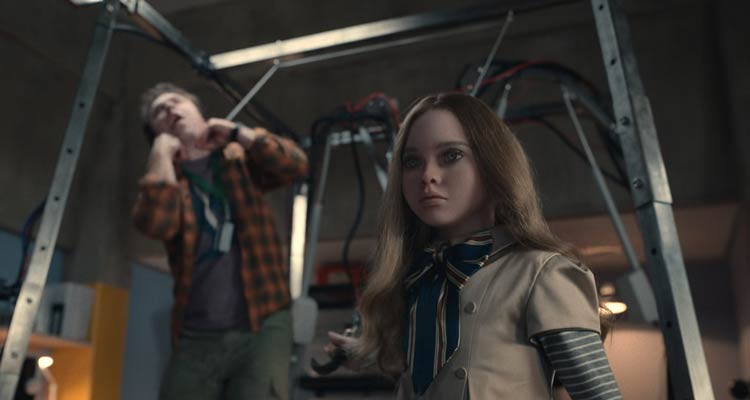 M3GAN 2022 Movie Scene The life-like robotic doll M3GAN attacking workers at the toy factory