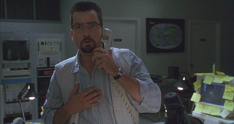 The Arrival 1996 Movie Scene Charlie Sheen as Zane hearing for the first time the alien sound at his workplace in SETI Institute