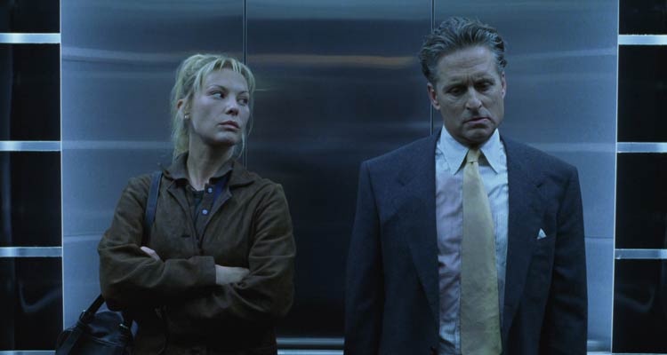 The Game 1997 Movie Scene Michael Douglas as Nicholas Van Orton and Deborah Kara Unger as Christine in an elevator