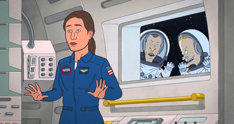 Beavis And Butt-Head Do The Universe 2022 Movie Scene Beavis and Butt-Head dressed in astronaut suits floating in front of the window of Andrea Savage as Serena's window onboard the space shuttle