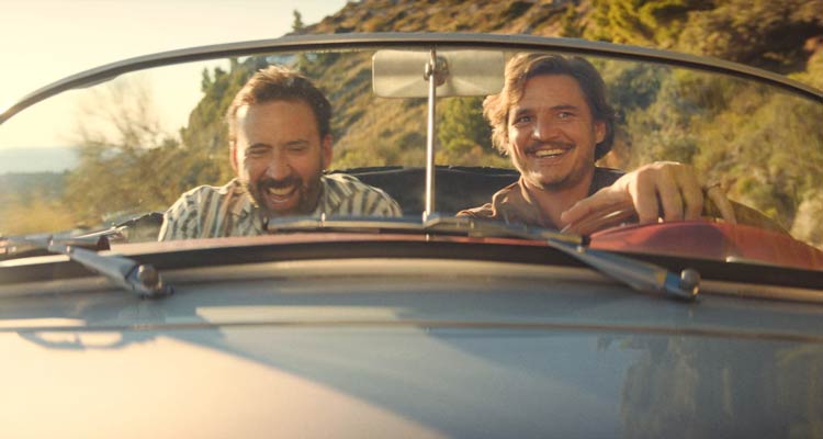 The Unbearable Weight of Massive Talent 2022 Movie Scene Nicolas Cage as Nick Cage during an acid trip in a car with Pedro Pascal as Javi