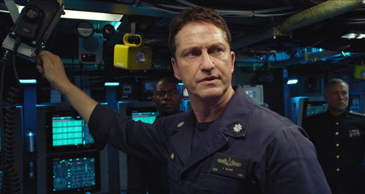 Hunter Killer 2018 Movie Scene Gerard Butler as Captain Joe Glass in his submarine hoping to avoid WWIII