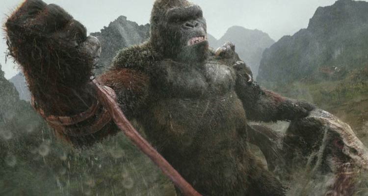 Kong Skull Island 2017 Movie Scene King Kong fighting a giant monster with a huge tongue