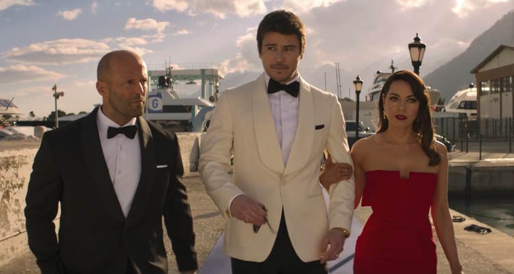 Operation Fortune Ruse De Guerre 2023 Movie Scene Jason Statham as Orson, Josh Hartnett as Danny and Aubrey Plaza as Sarah going to a party