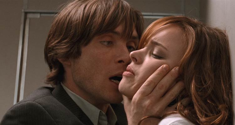 Red Eye 2005 Movie Scene Cillian Murphy as Jackson threatening Rachel McAdams as Lisa in an airplane's bathroom to do his bidding