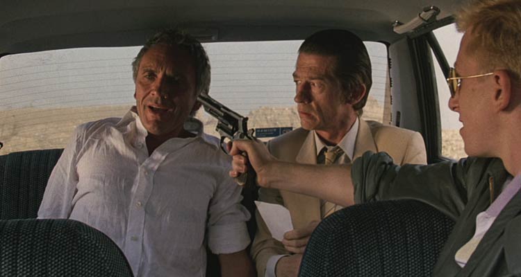 The Hit 1984 Movie Scene Terence Stamp as Willie Parker, John Hurt as Braddock and Tim Roth as Myron in a car