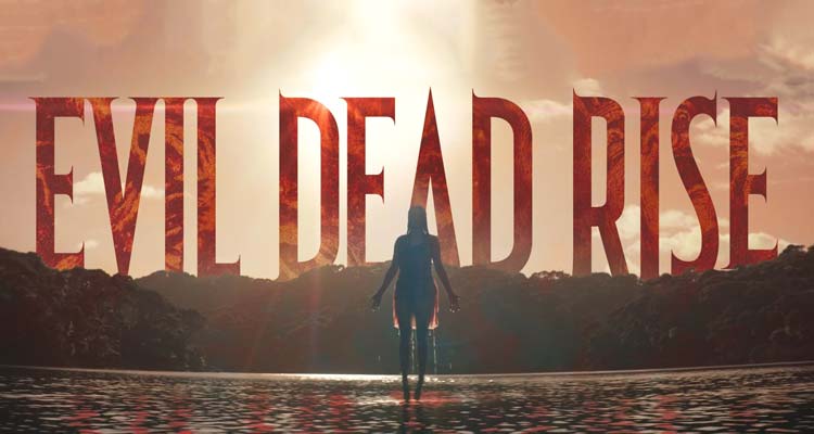 Evil Dead Rise 2023 Movie Scene The title of the movie rising over the lake with the possessed deadite girl also hovering above the lake